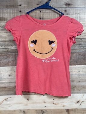 Okie Dokie Happy Face Make Me Smile Pink Girls (6) Shirt Short Sleeve Ruffle Top